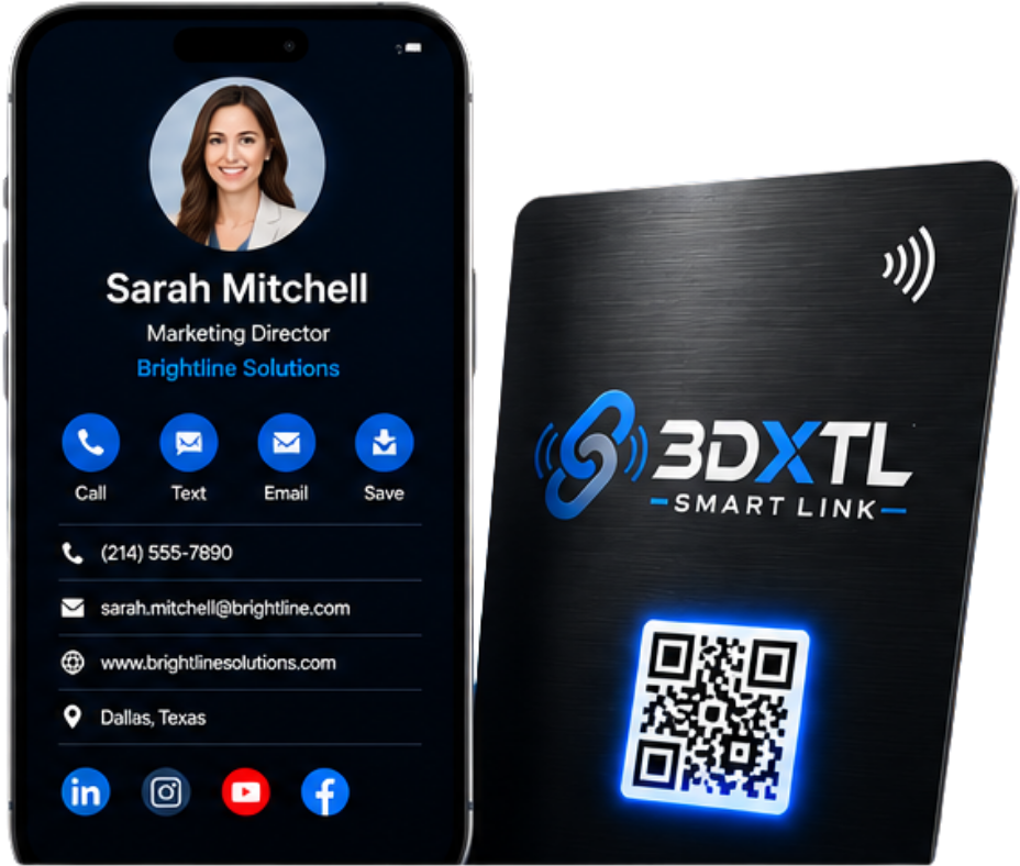 3DXTL Smart Link card with a digital business profile on a phone