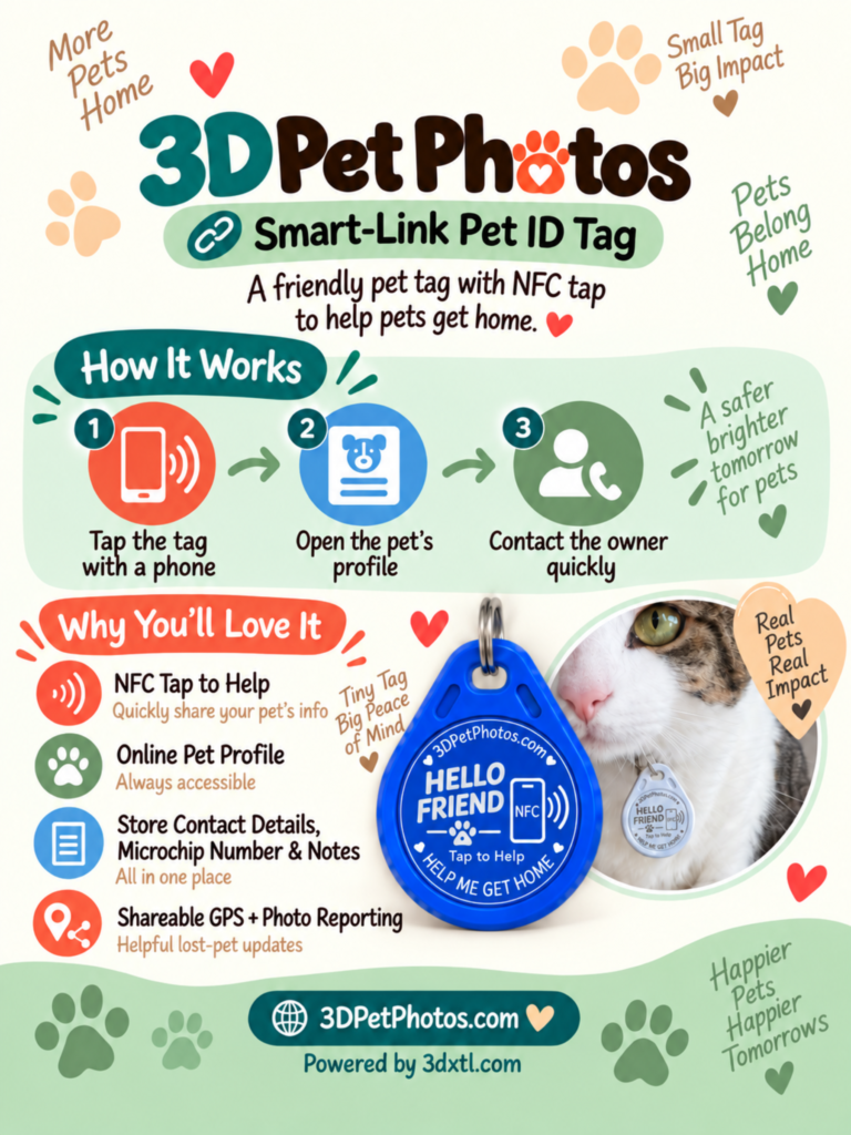 Back packaging artwork for the 3DPetPhotos Smart-Link Pet ID Tag, showing the tap, profile and owner-contact steps.